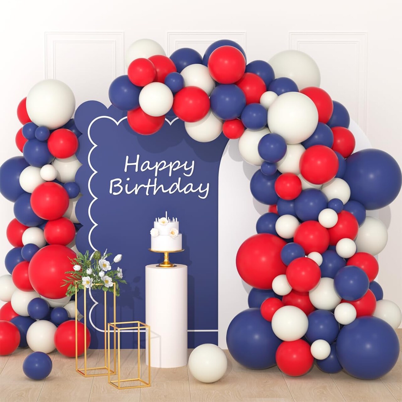 117PCS Navy Blue Red Balloon Garland Arch Kit with Sand White Balloons – Patriotic Birthday, Wedding, Baby Shower, Independence Day, Retirement & Party Decorations